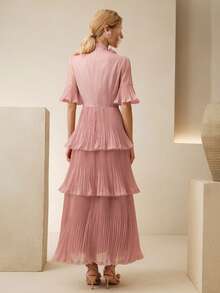 Anewsta 新款高品质品牌女装连衣裙，法式优雅甜美粉色中长连衣裙，高领设计，大蝴蝶结，喇叭袖，收腰，层叠荷叶边裙摆，适合约会和通勤，显瘦。 - 藕粉色 - 查看 7