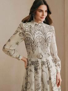 Anewsta Đầm dài tay dài cổ tàu in họa tiết, đính đá, kiểu dáng cung đình thanh lịch mới dành cho nữ, mùa xuân/hè. - Màu be - Xem 6