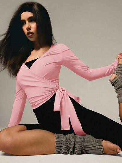 Athîral Women's Minimalist Solid Color Criss-Cross Wrap Long Sleeve Top