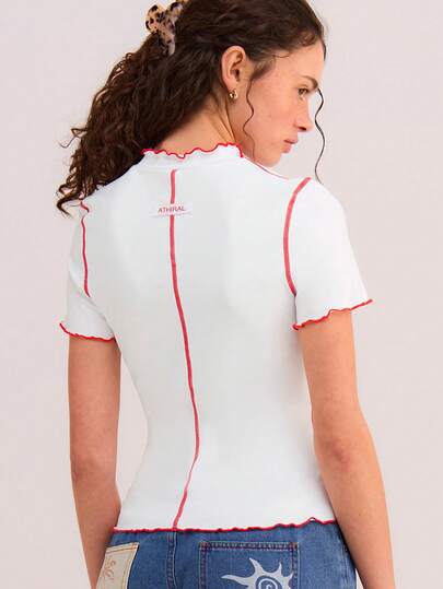 Athîral 女士休闲运动撞色饰边立领白色短袖上衣，适合户外穿着