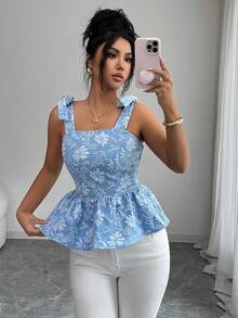 Elenzga Camiseta sin espalda con diseño de tirantes con lazo y dobladillo de peplum de jacquard para mujer en verano - Azul - Ver 6