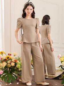 SHEIN 少女优雅纯色圆领短袖系腰上衣和阔腿裤两件套 - 駝色 - 查看 6