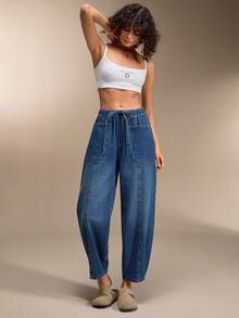 SHEIN WOMAN COMFY COOL FABRIC BAGGY BARREL PANT DENIM - Medium Wash - View 1