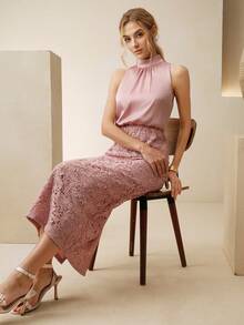 Anewsta Elegant Contrast Lace Halter Neck Dress For Women, Spring/Summer - Pink - View 3