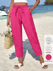 SHEIN Plus Size Casual Tropical Solid Color Pants Vacation Beach Formal Mint Green Autumn - Hot Pink - View 1