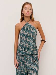 Nöista Printed Co-Ord Set With Halter Neck Tie Top And Relaxed Pants. - Dark Green - View 3