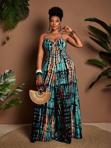 Maweii 大码女式梭织印花吊带性感连体裤 - 藍色 - 查看 3