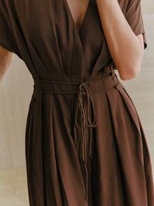 Anewsta Đầm nữ màu nâu linen kiểu Pháp thanh lịch mùa xuân/hè, cổ chữ V sâu, tay cánh dơi, eo thon, xếp ly, dáng xòe, thích hợp cho mặc hàng ngày, dự tiệc, họp mặt, đi nghỉ mát. - Cà phê nâu - Xem 2