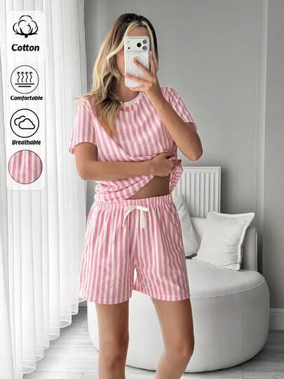 SHEIN Cute Flower Patterns Detailed Round Neck Short Sleeve Ribbon Drawstring Detailed With Short 2 Pieces Pajama Set