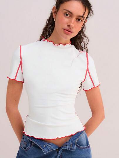 Athîral 女士休闲运动撞色饰边立领白色短袖上衣，适合户外穿着