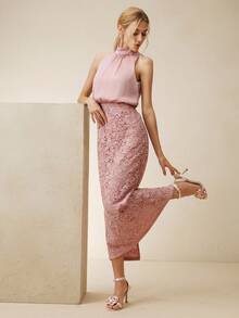 Anewsta Elegant Contrast Lace Halter Neck Dress For Women, Spring/Summer - Pink - View 1