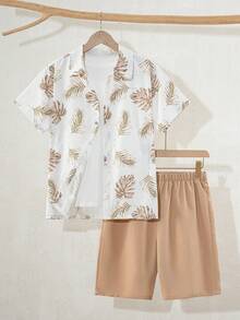 SHEIN 2pcs/Set Teens' Summer New Vacation Style All-Over Print Short Sleeve Shirt And Shorts Set - Khaki - View 4