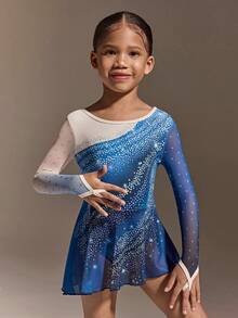 女童印花体操服连衣裙，色彩鲜艳闪亮长袖网纱拼接舞蹈服连衣裙，柔软弹力面料，适合体操、芭蕾舞、瑜伽 - 藍色 - 查看 1
