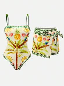 Swim Oasis Bộ đồ bơi liền thân in hình cây dừa nhiệt đới màu xanh dương và trắng dành cho nữ, kiểu dáng thanh lịch, thoải mái, thích hợp cho kỳ nghỉ biển. - Nhiều màu - Xem 3