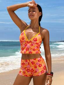 Swim Vcay 2026 女士春夏海滩度假波西米亚风热带花卉印花泳装套装，简约亮丽撞色设计，蝴蝶结装饰挂脖式吊带背心，适合度假、海滩、下午茶、野餐、派对、日常穿着、休闲等场合。 - 橘色 - 查看 3