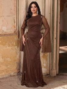Aureia Plus Size Elegant Romantic Coffee Color Round Neck Ruched Flounce Lantern Sleeve Rhinestone Decor Mermaid Hem Dress, Suitable For Evening Party, Singles Party, Date, Ball, Vacation, Wedding, Bridesmaid - Coffee - View 2