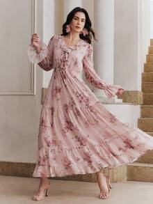 Anewsta 新款春夏浪漫飘逸深V领荷叶边下摆印花长裙 - 淺粉色 - 查看 5