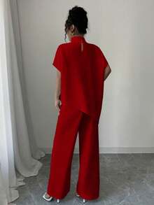 Elenzga Bộ 2 món dành cho nữ: Áo cổ đứng không đối xứng và quần - Màu Đỏ Sâu - Xem 2