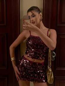 Firerie Women Burgundy Sequins Spaghetti Strap Crop Top Sleeveless Party Style Regular Hem For Glamorous Evenings - Burgundy - View 2