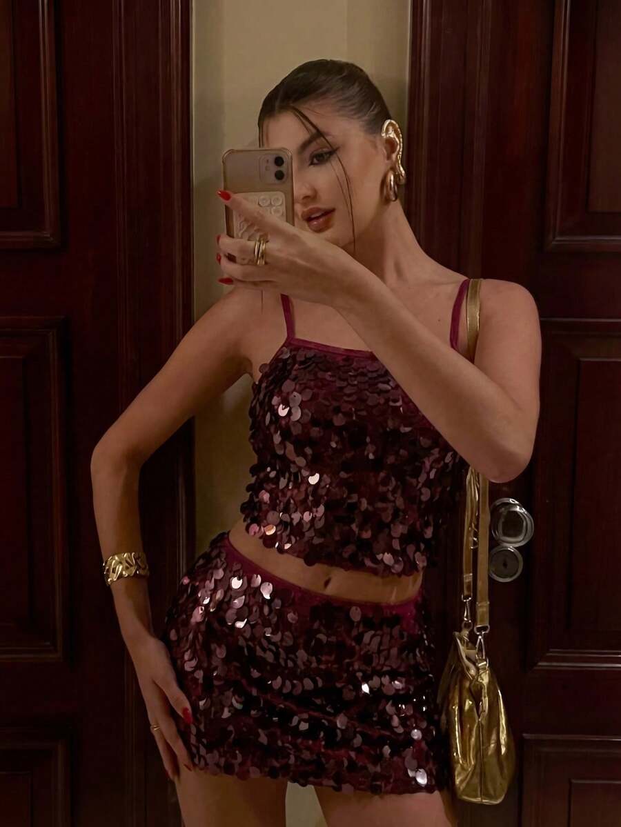 Firerie Women Burgundy Sequins Spaghetti Strap Crop Top Sleeveless Party Style Regular Hem For Glamorous Evenings
