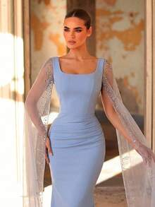 Aureia 优雅蓝色弹力针织方领高腰显瘦网纱透视超长喇叭袖奢华水钻装饰鱼尾长裙，适合婚礼、单身派对、约会、度假等场合。 - 霧霾藍 - 查看 2