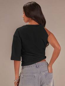 Athîral Women's Round Neck Knotted Asymmetric White Short Sleeve T-Shirt, Spring - Black - View 5