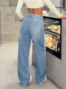 EURMUSE Casual Street High Waist Loose Straight Leg Denim Jean - Baby Blue - View 2