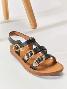 Mini mi #ModernRoman 儿童三扣优质纯素皮革黑色T字带平底凉鞋 – 安全、时尚、舒适 - 黑色 - 查看 7