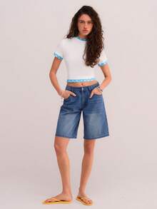 Athîral Women's Casual Polka Dot Patchwork T-Shirt - Blue and White - View 3