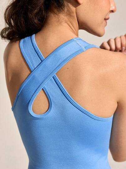 Exploreva 女士无缝户外瑜伽运动背心，交叉后背设计，休闲多功能跑步健身背心