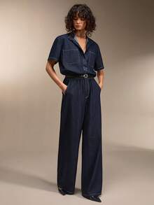 SHEIN Cool Fabric Woman Denim Set V Neck Short Sleeve Top And Loose Fit Jean Pant Set - Dark Wash - View 6