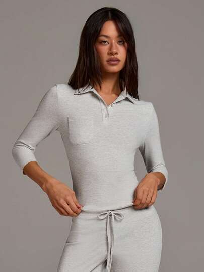 Athîral 女士休闲灰色Polo衫，修身剪裁，舒适柔软针织面料，适合居家和户外穿着，灰色上衣，女士休闲上衣，沙滩装，嘉年华服装，嘉年华，春假，春季女士，夏季假期，女士度假，节日，女士休闲装