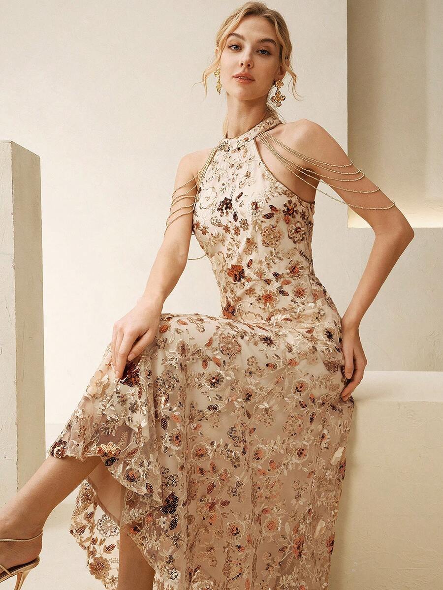 Anewsta Đầm dài không tay cổ yếm màu sâm panh hiện đại, tinh tế, sang trọng với họa tiết hoa 3D và đính sequin, hoàn hảo cho các buổi tiệc, hẹn hò và kỳ nghỉ. - Rượu sâm banh - Xem 1