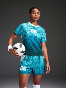 Jersey Sepak Bola Lengan Pendek Wanita Powerista, Kaos V-Neck Grafis Blok Warna 3D, Setelan Pertandingan Sepak Bola yang Bernapas dan Cepat Kering, Set Nama Kustom - Mint Green - View 6