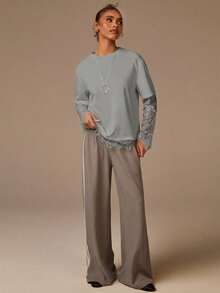 Athîral 女士休闲长袖撞色蕾丝衬衫 - 灰色 - 查看 4