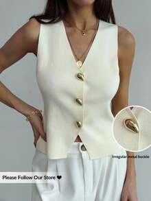 Aloruh 女士纯色V领无袖金属纽扣装饰优雅时尚背心，夏季 - 杏色 - 查看 9
