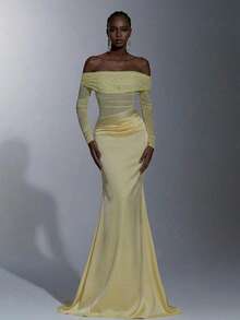 Elitara Elegant High-Stretch Knit Mesh & Satin Off Shoulder Sheer Long Sleeve Waist Ruched Fishtail Dress, Suitable For Dates, Vacations, Singles Parties, Weddings, Women's Evening Gowns, Bridesmaid Dresses - Yellow - View 4