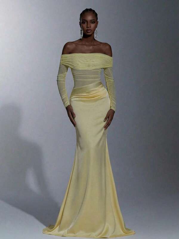 Elitara Elegant High-Stretch Knit Mesh & Satin Off Shoulder Sheer Long Sleeve Waist Ruched Fishtail Dress, Suitable For Dates, Vacations, Singles Parties, Weddings, Women's Evening Gowns, Bridesmaid Dresses