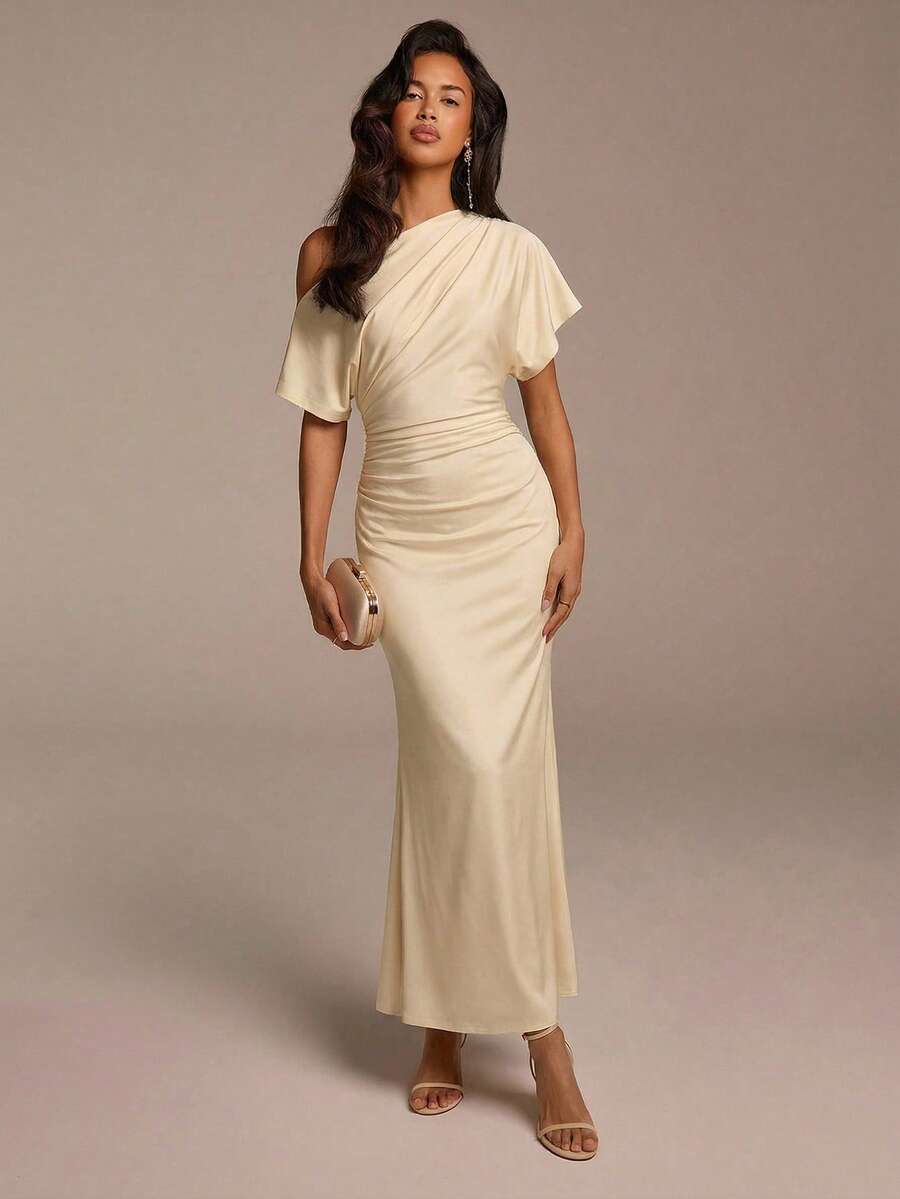 Women's Apricot Ruched Fishtail Hem Sleeveless Casual Dress, Suitable For Vacation, Commute, Party, Wedding - Apricot - View 1