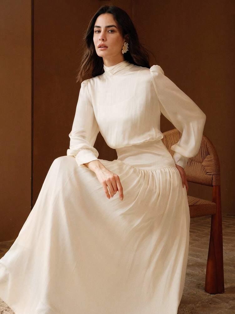 Anewsta Essential Women's Elegant Champagne Color Stand Collar Tie-Waist Dress, Fashionable & Minimalist, Spring/Summer