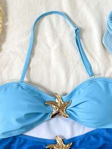 SHEIN Tween Girl Mermaid Baby Blue Gradient Metal Starfish Deco Halter One-Piece Swimwear,Cute Summer Beach Holiday Outfit,Textured Cut Out Bathing Suit - Blue - View 3