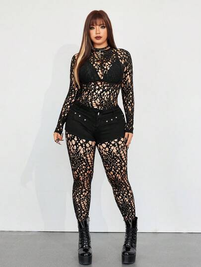 Whyspr 大码女式性感长袖镂空连体裤