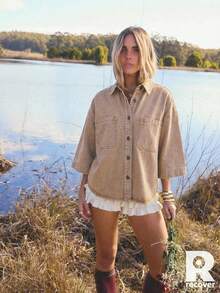 Aralina Áo sơ mi denim nữ dáng rộng, vai rớt, cài một hàng cúc, có túi, kiểu dáng thường ngày. - Cà phê nâu - Xem 8