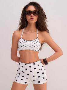 Athîral Women's Casual Sleeveless Polka Dot White Knit Sports Set, Spring/Summer - Black and White - View 4