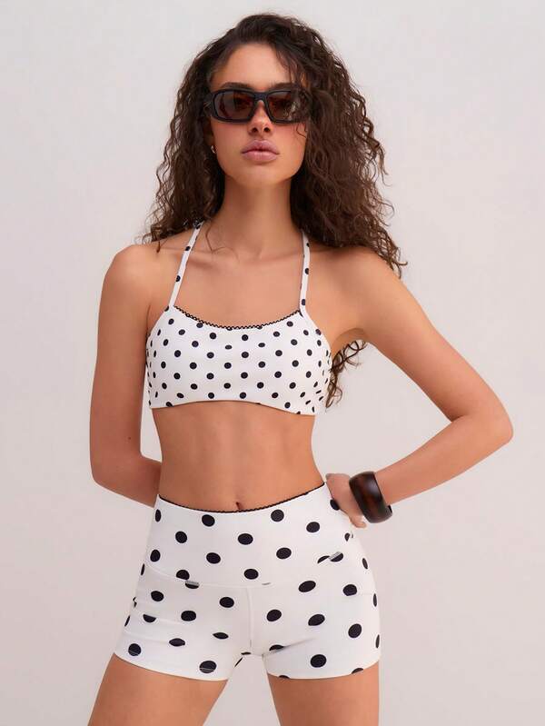 Athîral Women's Casual Sleeveless Polka Dot White Knit Sports Set, Spring/Summer