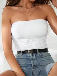 SHEIN Plus Size Women Solid Color Ruched Tube Top Tube Top With Bra Strapless Shirts Ruched Top - White - View 5