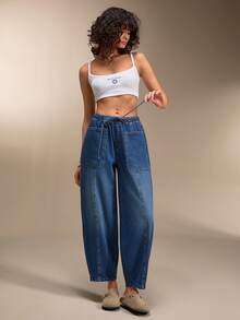 SHEIN WOMAN COMFY COOL FABRIC BAGGY BARREL PANT DENIM - Medium Wash - View 5