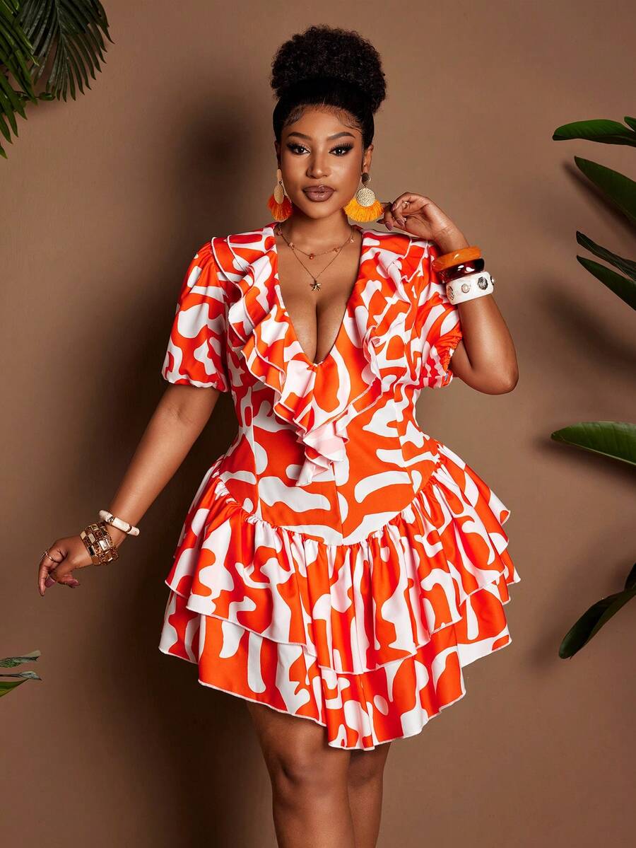 Maweii Plus Size Women Geometric Print Ruffle Hem Fashionable Vacation Dress - Orange - View 1