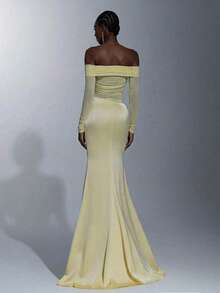 Elitara Elegant High-Stretch Knit Mesh & Satin Off Shoulder Sheer Long Sleeve Waist Ruched Fishtail Dress, Suitable For Dates, Vacations, Singles Parties, Weddings, Women's Evening Gowns, Bridesmaid Dresses - Yellow - View 3