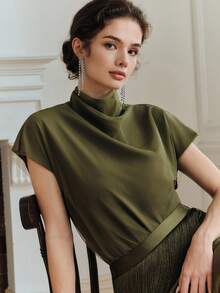 Anewsta Blusa sin mangas de diseño de malla de oliva verde elegante y de alta gama, adecuada para uso diario y fiestas - Verde militar - Ver 6